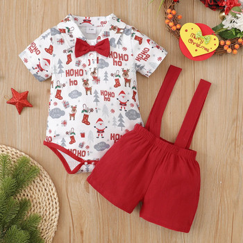 Коледни екипи за новородено момче, риза с папийонка с къс ръкав и къси панталонки с червени едноцветни тиранти Комплект дрехи