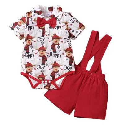 Jaundzimušā mazuļa zēna Ziemassvētku tērpi ar īsām piedurknēm tauriņš krekls rombiņš un sarkans vienkrāsains iekares šorti drēbju komplekts