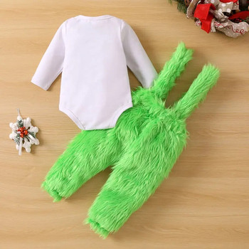 Χριστουγεννιάτικη χειμερινή στολή για μωρό αγόρι κοριτσάκι Σετ υφασμάτινο Χριστουγεννιάτικο νήπιο γράμμα Romper+Sling Παντελόνι από ψεύτικη γούνα 2τμχ