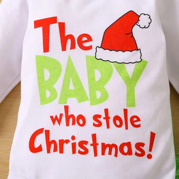 Зимно коледно облекло за бебе, момче, момиче, комплект гащеризон Плат Коледа Дядо Коледа малко дете Бебешки гащеризон с букви + прашка Панталон от изкуствена кожа 2 бр.