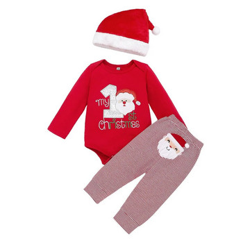 2023 Коледа Бебешки момичета 3PCS Комплект дрехи Памучен стикер с дълъг ръкав Гащеризон Раирани панталони Костюм с шапка Костюм за малки момичета