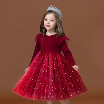 Червена коледна рокля за момичета Детски парти рокли на принцеса за рожден ден Есен Зима Рокля за момичета с дълъг ръкав Подарък за Нова година