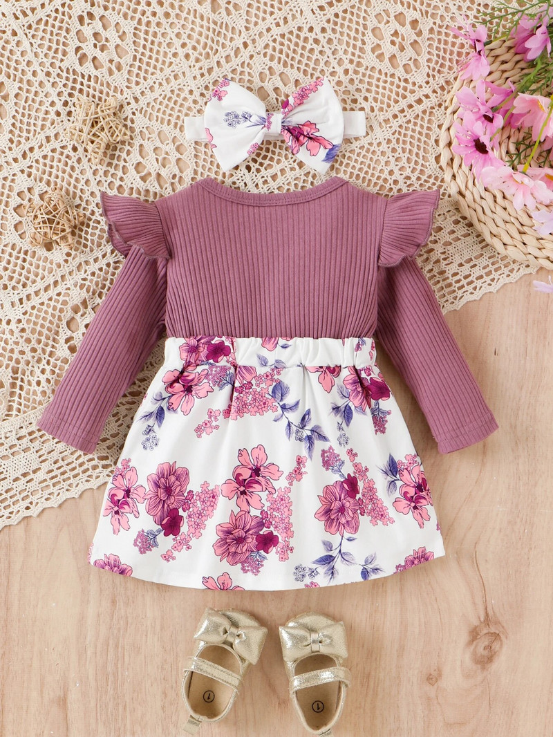 Pavasara un rudens meiteņu kokvilnas kleita ar garām piedurknēm ar apaļu kaklu ar galvas saiti Modes, ikdienišķa un salda