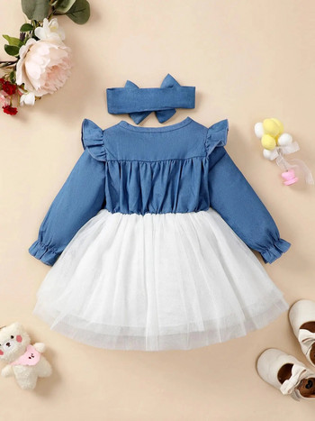 0-2 годишни новородени бебета за момичета Пролет и есен Модна сладка рокля с кръгло деколте и дълги ръкави имитация на деним пачуърк