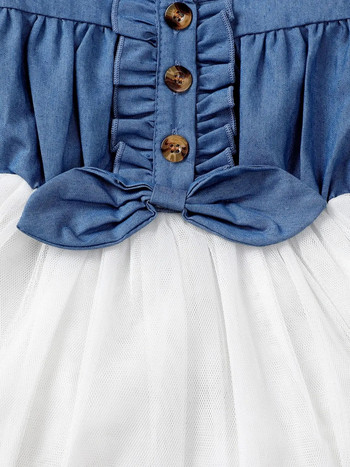 0-2 годишни новородени бебета за момичета Пролет и есен Модна сладка рокля с кръгло деколте и дълги ръкави имитация на деним пачуърк