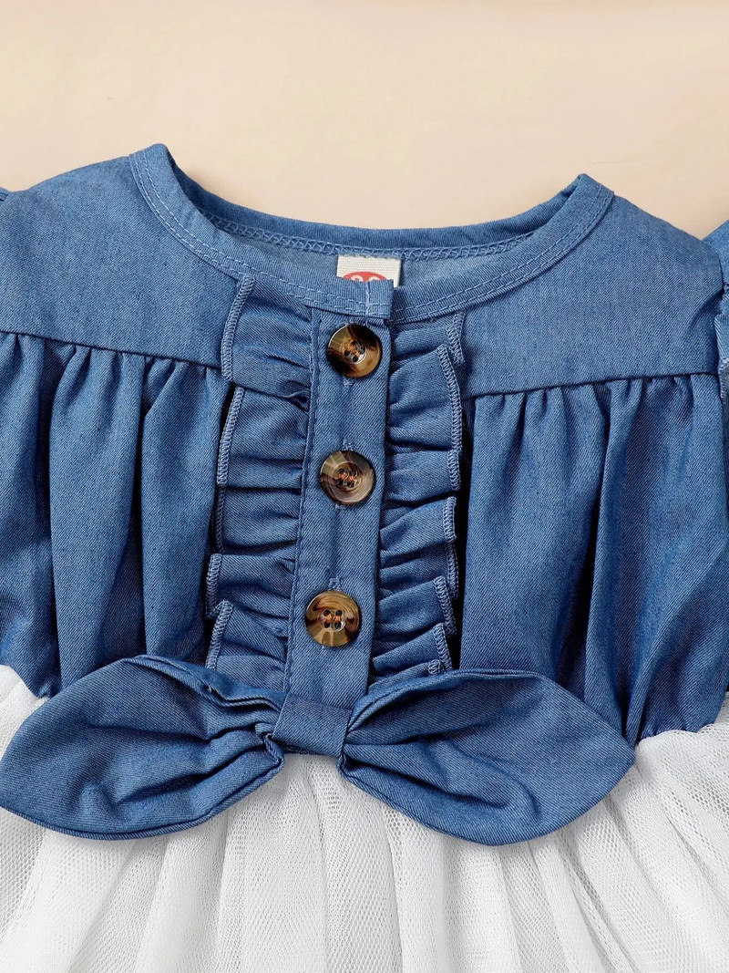 0-2 gadus vecas jaundzimušā meitenes pavasara un rudens apaļa kakla kleita ar garām piedurknēm, imitācijas džinsa auduma tīklojums, modes, jauka kleita