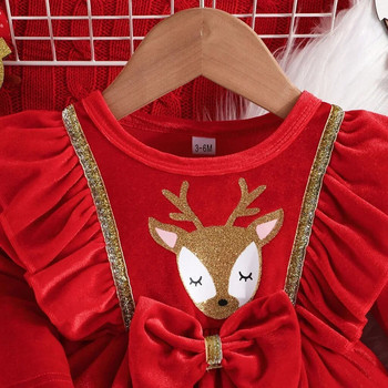 Рокля за деца 3-24 месеца Новородено с дълъг ръкав Сладък анимационен елк Червен велур Коледна принцеса Официални топли рокли за бебе момиче