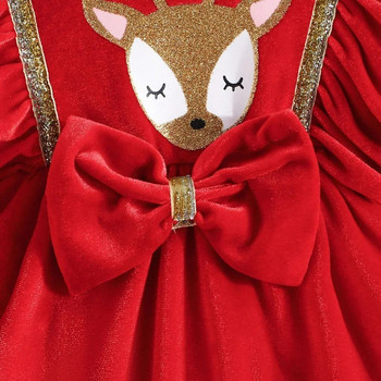 Рокля за деца 3-24 месеца Новородено с дълъг ръкав Сладък анимационен елк Червен велур Коледна принцеса Официални топли рокли за бебе момиче