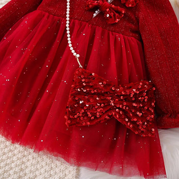 Коледна червена рокля за момиченце с дълги ръкави, плюшена златиста кадифена папийонка и мрежеста парти рокля на принцеса