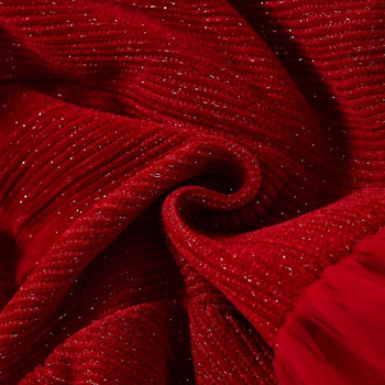 Коледна червена рокля за момиченце с дълги ръкави, плюшена златиста кадифена папийонка и мрежеста парти рокля на принцеса