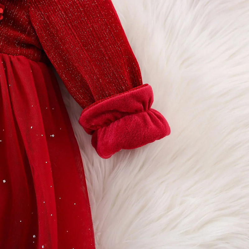 Ziemassvētku sarkana kleita meitenēm ar garām piedurknēm plīša zelta samta flitera tauriņa kaklasaite