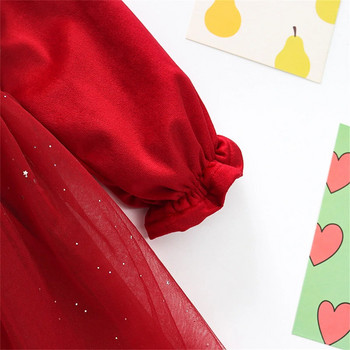 Бебешка зимна рокля за момиче Момиче Бебешки поларени дрехи Детска Коледна червена мрежеста рокля с дълъг ръкав