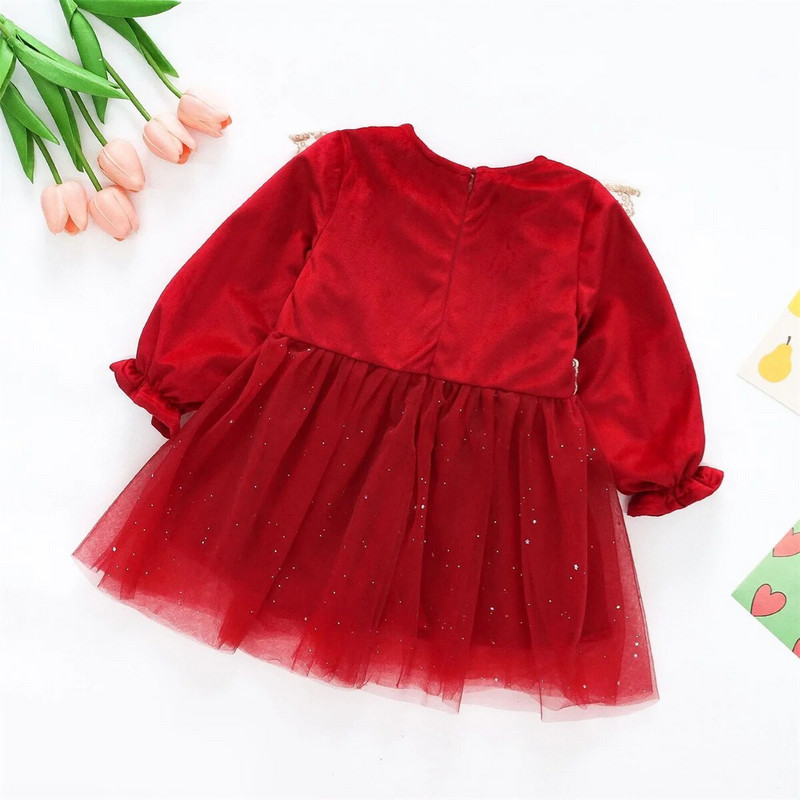 Lány baba téli ruha Lány baba gyapjú vastagított ruhák gyermek hímzés karácsonyi piros hálós hosszú ujjú ruha