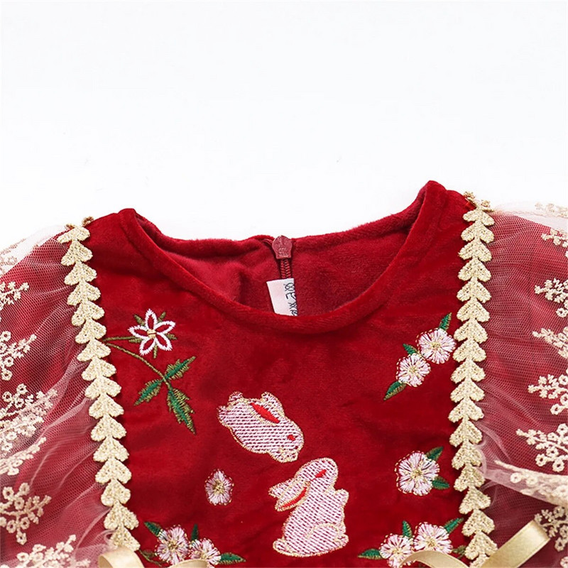 Lány baba téli ruha Lány baba gyapjú vastagított ruhák gyermek hímzés karácsonyi piros hálós hosszú ujjú ruha