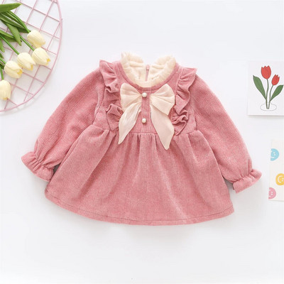 Rudens un ziemas meiteņu plīša kleita ar garām piedurknēm ar jaunu banti un mežģīņu kaklu, vienkrāsainu un skaistu princeses kleitu