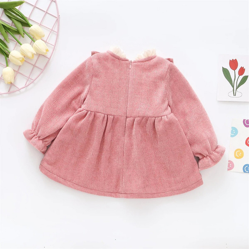 Rudens un ziemas meiteņu plīša kleita ar garām piedurknēm ar jaunu banti un mežģīņu kaklu, vienkrāsainu un skaistu princeses kleitu