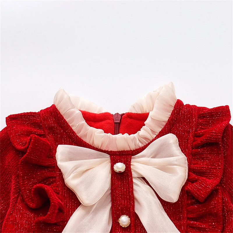 Rudens un ziemas meiteņu plīša kleita ar garām piedurknēm ar jaunu banti un mežģīņu kaklu, vienkrāsainu un skaistu princeses kleitu