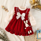 2GAB Ziemassvētku mazuļa ziemas sarkanās kleitas komplekts, salda un silta liela tauriņa princeses kleita ar truša aksesuāriem