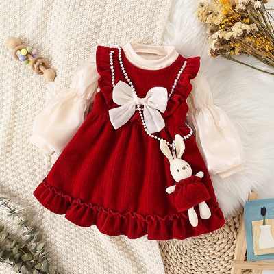 2GAB Ziemassvētku mazuļa ziemas sarkanās kleitas komplekts, salda un silta liela tauriņa princeses kleita ar truša aksesuāriem