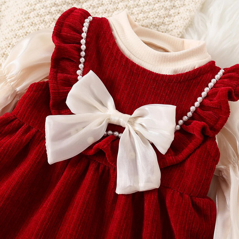 2GAB Ziemassvētku mazuļa ziemas sarkanās kleitas komplekts, salda un silta liela tauriņa princeses kleita ar truša aksesuāriem