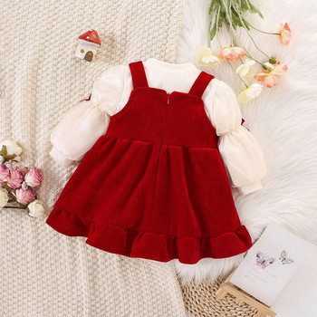 Коледен червен комплект за момиченце Комплект рокля от кадифе с дълъг ръкав + потник с малък заек Комплект от две части (0-3 години)