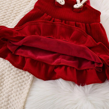 Коледен червен комплект за момиченце Комплект рокля от кадифе с дълъг ръкав + потник с малък заек Комплект от две части (0-3 години)