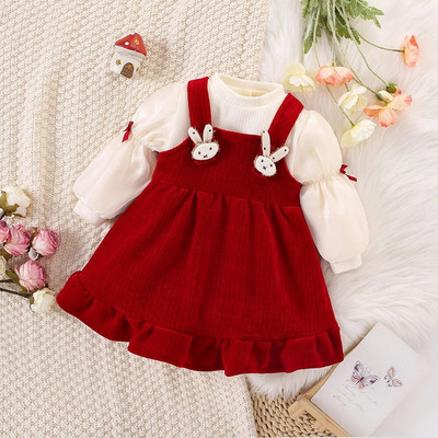 Ziemassvētki sarkana kleita meitenei, velveta augšdaļa ar garām piedurknēm+Little Rabbit Tank Top Divdaļīgs komplekts (0-3 gadus vecs)