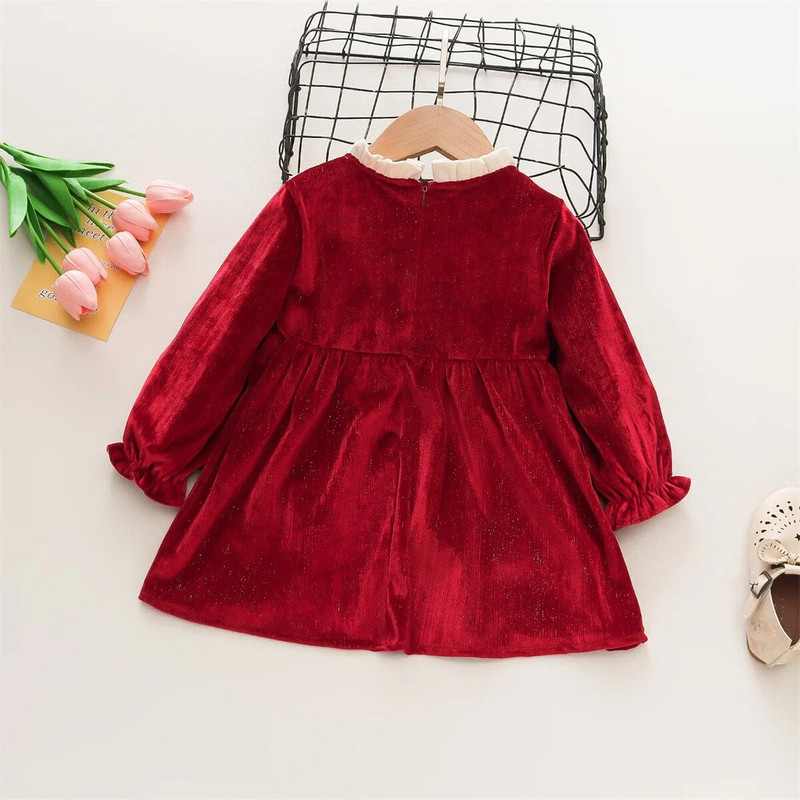 Pavasara un rudens meiteņu samta kleita ar garām piedurknēm dzimšanas dienas ballīte, kakls, tauriņš, krāsai pieskaņota salda princese