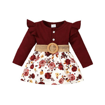 ma&baby 3M-3Y Рокля за новородено бебе, малко дете, момиченце, есенна рокля с цветен принт с пачуърк, разрошени рокли с дълги ръкави, A-силует + колан D05