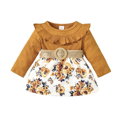 ma&baby 3M-3Y jaundzimušā zīdaiņa, mazuļa meiteņu kleita rudens ziedu apdrukai, raibs, volānveida kleitas ar garām piedurknēm A-līnijas kleitas + josta D05