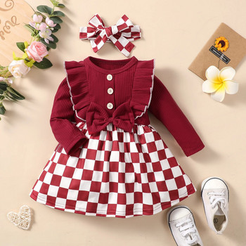 0-2-годишно новородено момиченце виненочервена сладка карирана рокля с кръгло деколте и дълги ръкави с летящи копчета