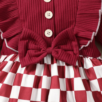 0-2 χρονών νεογέννητο κοριτσάκι με κρασί κόκκινο με στρογγυλή λαιμόκοψη μακρυμάνικο καρό φόρεμα μύγας