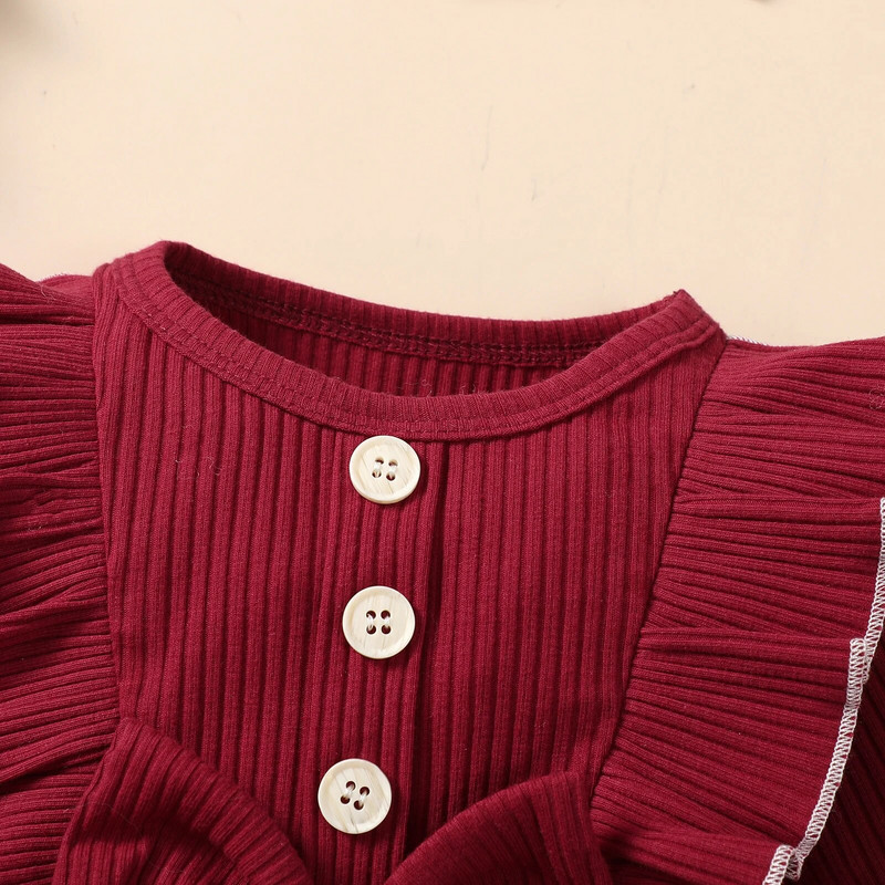 0-2 gadus veca jaundzimušā meitenīte vīna sarkana ar apaļu kaklu ar garām piedurknēm mušu pogas raibs rūtains glīts