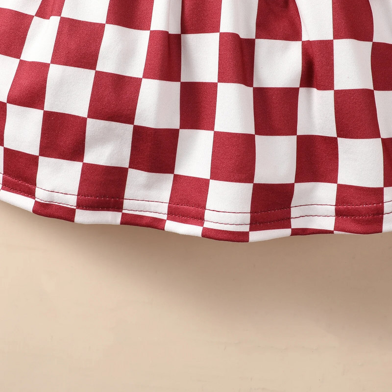 0-2 gadus veca jaundzimušā meitenīte vīna sarkana ar apaļu kaklu ar garām piedurknēm mušu pogas raibs rūtains glīts