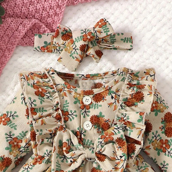 0-2-годишно новородено момиченце, пролетна и есенна сладка модна рокля с кръгло деколте и копчета с дълги ръкави