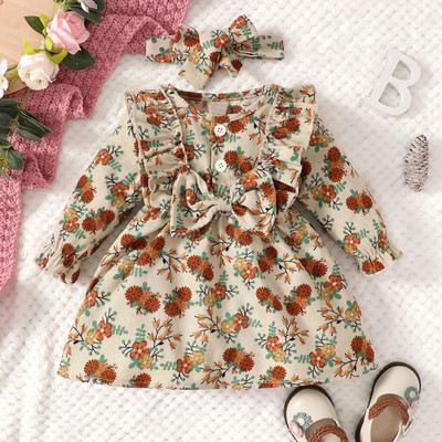 0-2-годишно новородено момиченце, пролетна и есенна сладка модна рокля с кръгло деколте и копчета с дълги ръкави