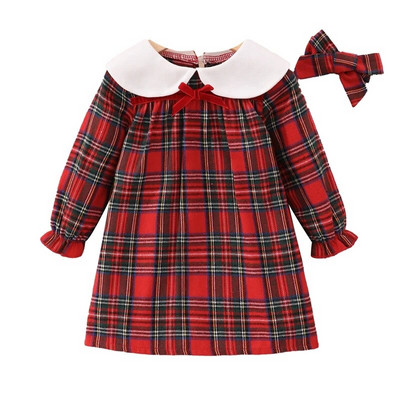Pudcoco Toddler Girls 2 daļīgi tērpi ar rūtainu apdruku Princeses kleita ar garām piedurknēm A līnijas un galvas saite ballītēm, jaukiem apģērbiem