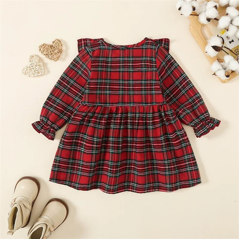 ma&baby 6M-4Y Ziemassvētki zīdaiņiem, mazuļiem, mazuļiem, meiteņu kleita ar garām piedurknēm, rūtaini, A-līnijas ballīšu kleitas meitenēm, Ziemassvētku kostīmi D05