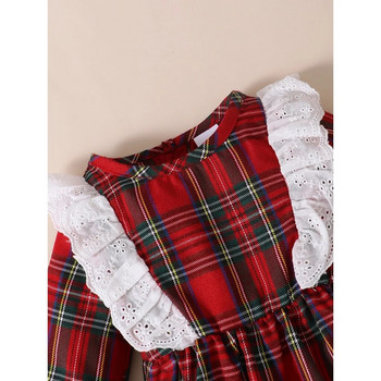 Φόρεμα χριστουγεννιάτικου πάρτι για 0-3 ετών Βρεφικό φόρεμα μονόστομο λευκό δαντέλα κόκκινο καρό μακρυμάνικο με στρογγυλή λαιμόκοψη