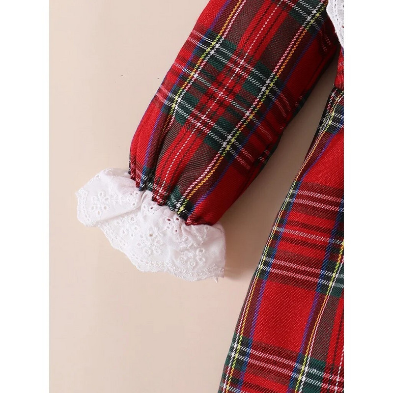 Kleita Ziemassvētku ballītei 0-3 gadus vecai meitenei mugura, balta mežģīņu sarkana rūtaina kleita ar apaļu kakla vidukli ar garām piedurknēm