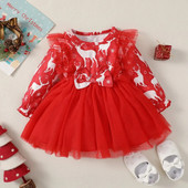 Ziemassvētku princeses kleita, maza meitene ar garām piedurknēm, briežu mežģīnes, volāniem, sieta kleita, modes festivāla ballīte, meitene 6–24 mēn.