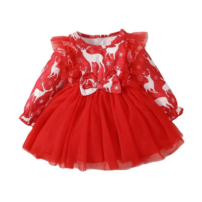 Ziemassvētku princeses kleita, maza meitene ar garām piedurknēm, briežu mežģīnes, volāniem, sieta kleita, modes festivāla ballīte, meitene 6–24 mēn.