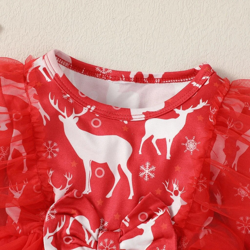 Ziemassvētku princeses kleita, maza meitene ar garām piedurknēm, briežu mežģīnes, volāniem, sieta kleita, modes festivāla ballīte, meitene 6–24 mēn.