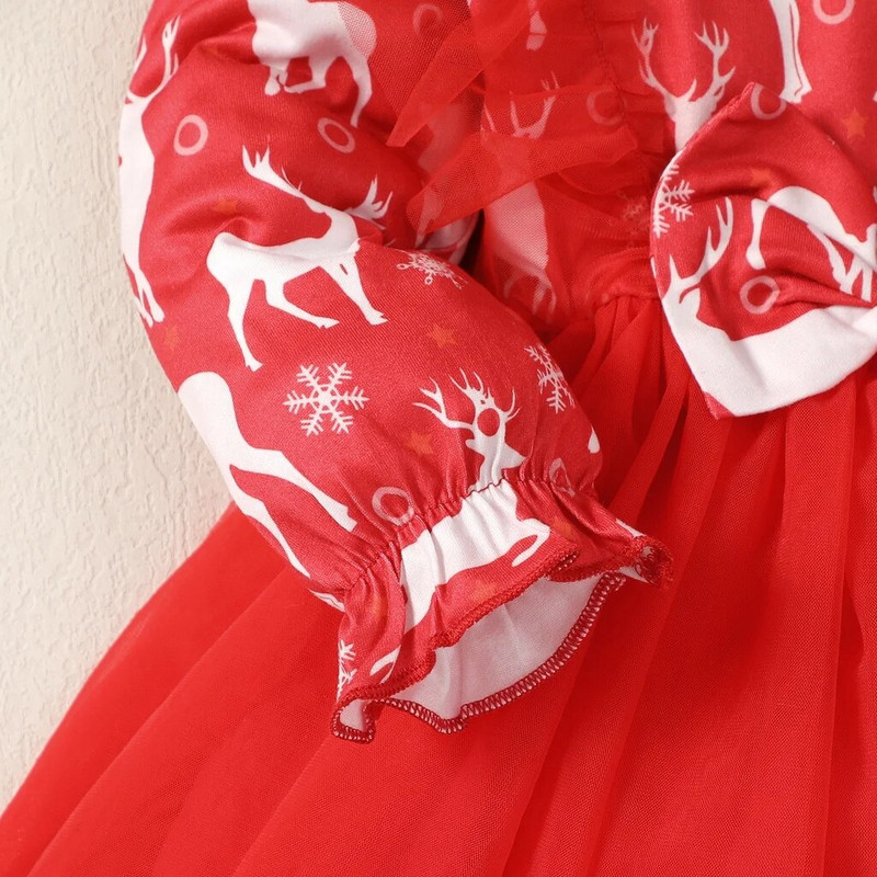 Ziemassvētku princeses kleita, maza meitene ar garām piedurknēm, briežu mežģīnes, volāniem, sieta kleita, modes festivāla ballīte, meitene 6–24 mēn.