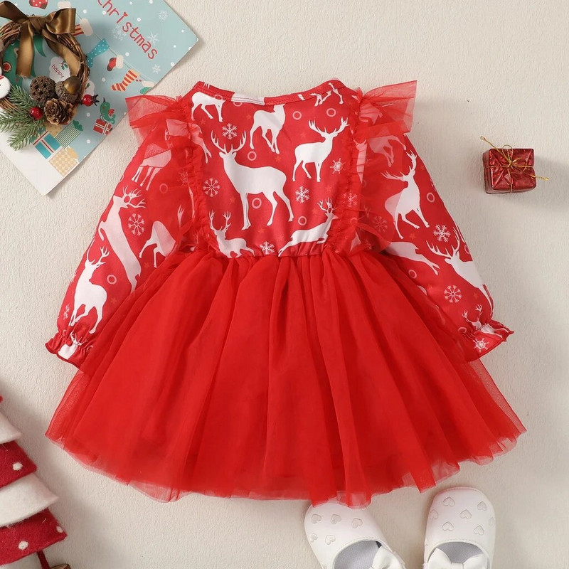 Ziemassvētku princeses kleita, maza meitene ar garām piedurknēm, briežu mežģīnes, volāniem, sieta kleita, modes festivāla ballīte, meitene 6–24 mēn.