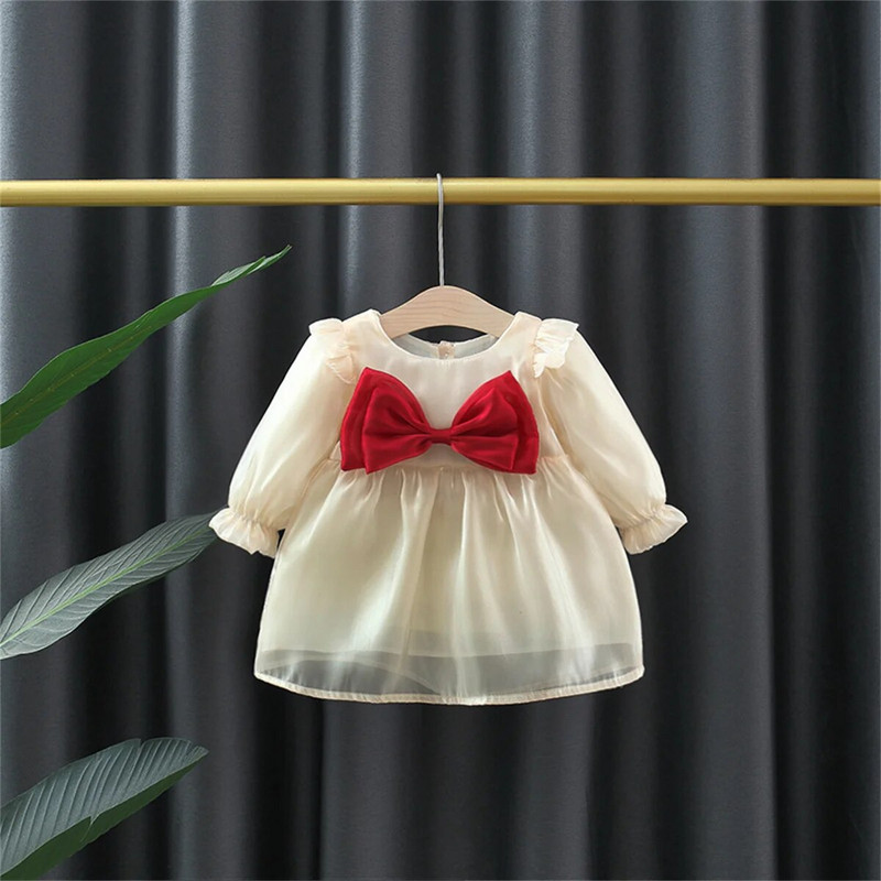 Meiteņu kleita ar garām piedurknēm 0-3 gadus vecai princesei Ziemassvētku kleita mazulim, korejiešu izdevums, masīvs bantītis, skaists apģērbs