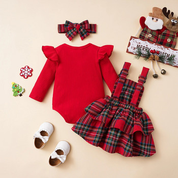 ma&baby 0-18M Коледни комплекти дрехи за новородени бебета и момичета Плетени комбинезони с волани Карирани поли с копчета Облекла Коледни костюми D05