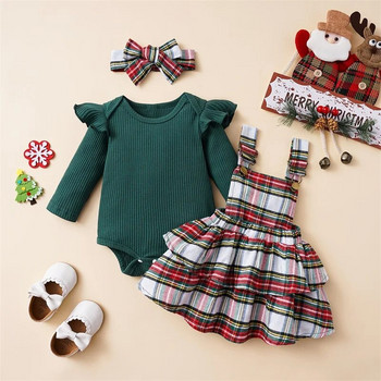 ma&baby 0-18M Коледни комплекти дрехи за новородени бебета и момичета Плетени комбинезони с волани Карирани поли с копчета Облекла Коледни костюми D05