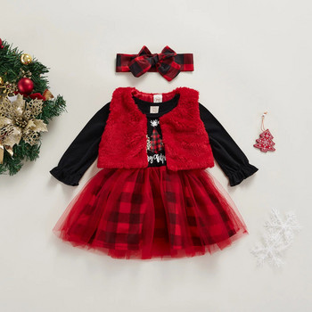 ma&baby 3M-3Y Червена рокля за коледни момичета с дълъг ръкав Карирани рокли от тюл + жилетка Коледни костюми Екипировки D01