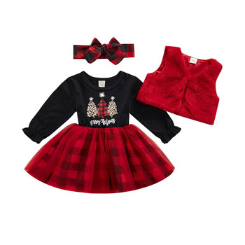ma&baby 3M-3Y Червена рокля за коледни момичета с дълъг ръкав Карирани рокли от тюл + жилетка Коледни костюми Екипировки D01